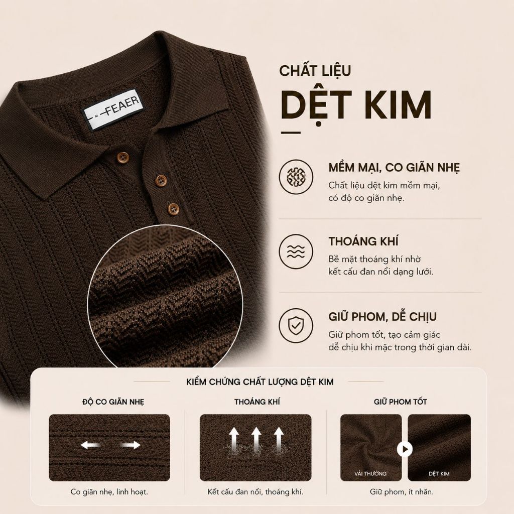 Áo polo MESH dệt kim màu nâu chocolate, bề mặt knit thoáng khí, form regular fit thanh lịch phong cách old money - FEAER