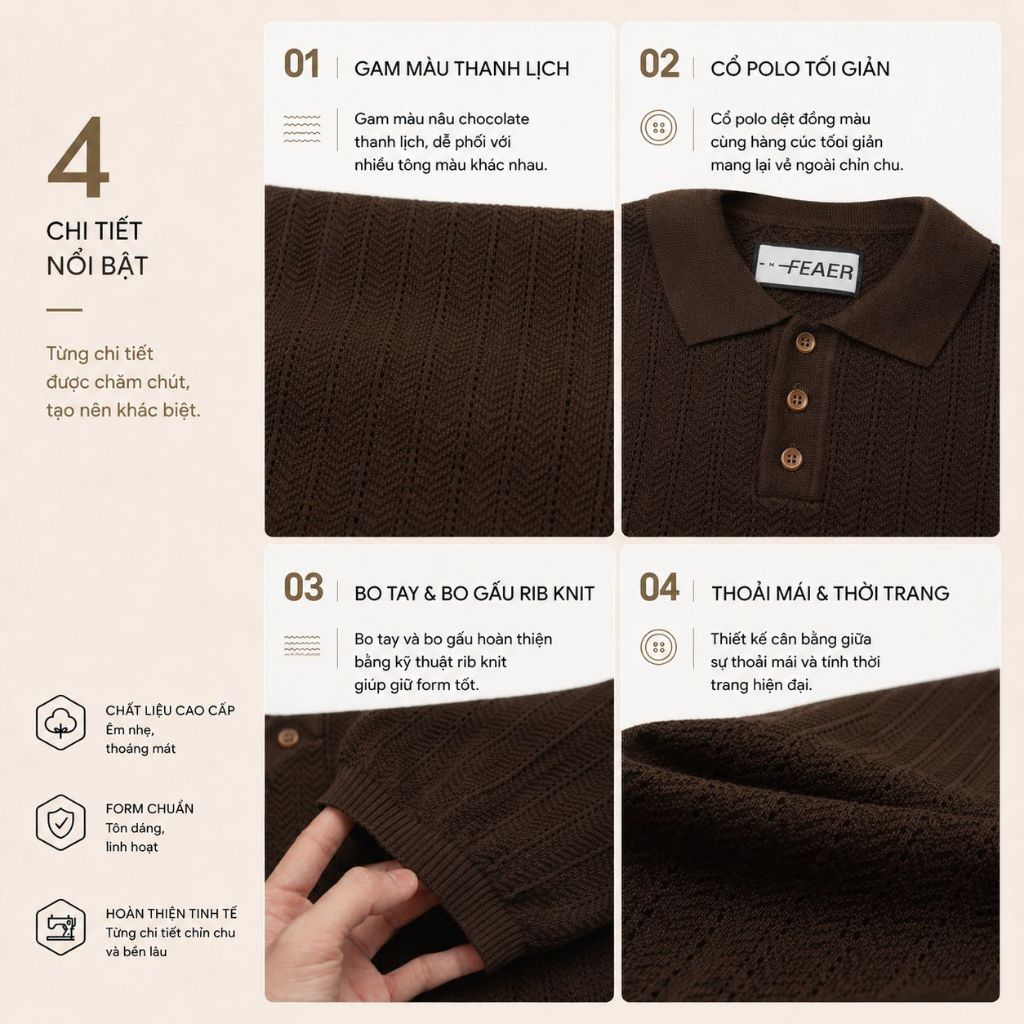 Áo polo MESH dệt kim màu nâu chocolate, bề mặt knit thoáng khí, form regular fit thanh lịch phong cách old money - FEAER