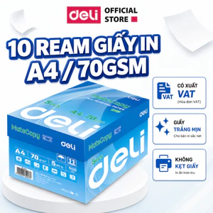 Thùng 10 Ream Giấy A4 Deli Giấy In Photo Copy 70gsm Chính Hãng Loại Dày 500 Tờ/ Ream Chống Lóa GiấyMịn