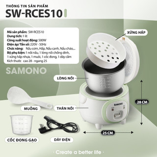 SAMONO Nồi Cơm Điện mini 1 Lít Công suất 500W - Lòng nồi chống dính - Kèm xửng hấp SW-RCES10