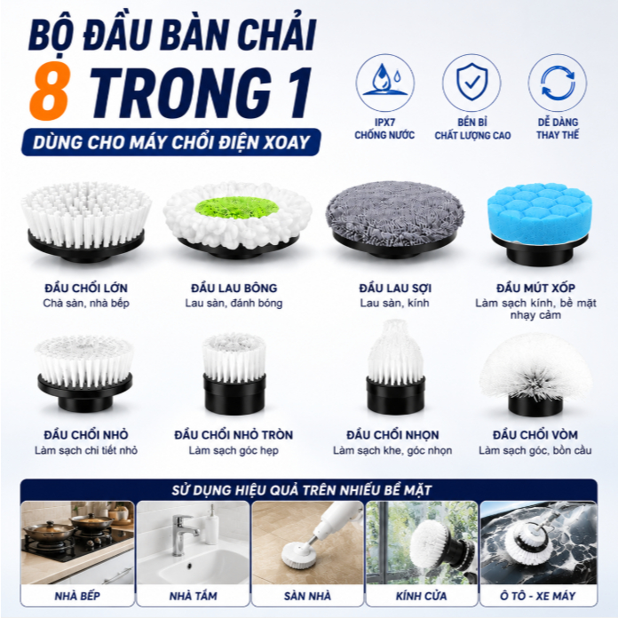 Qimedo Bộ Đầu Cọ Điện 8 Trong 1, Đầu Bàn Chải Thay Thế Đa Năng, Chà Nhà Bếp, Nhà Tắm, Kính, Sàn Nhà