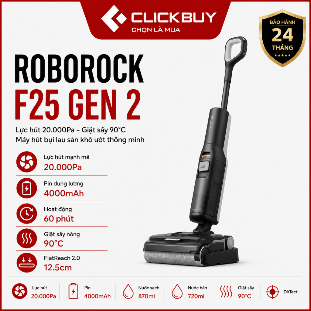 Máy Hút Bụi Lau Sàn Roborock F25 Gen 2 Lực Hút 20.000Pa Giặt Sấy 90°C Chính Hãng
