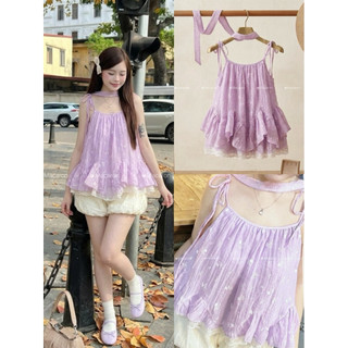 Áo Babydoll 2 Dây Cột Nơ Bèo Tầng, Dễ Thương chất liệu tơ mềm in hoa - 022 Macaron