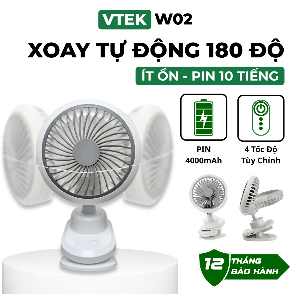 Quạt tích điện mini có kẹp VTEK, quạt tích điện, quạt mini để bàn pin 15 tiếng