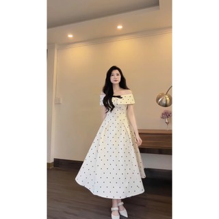Đầm nữ dáng dài trễ vai họa tiết chấm bi phối nơ đen phong cách vintage