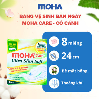 Băng vệ sinh có cánh và không cánh MOHA CARE 1gói/8 miếng kháng khuẩn không mùi hương