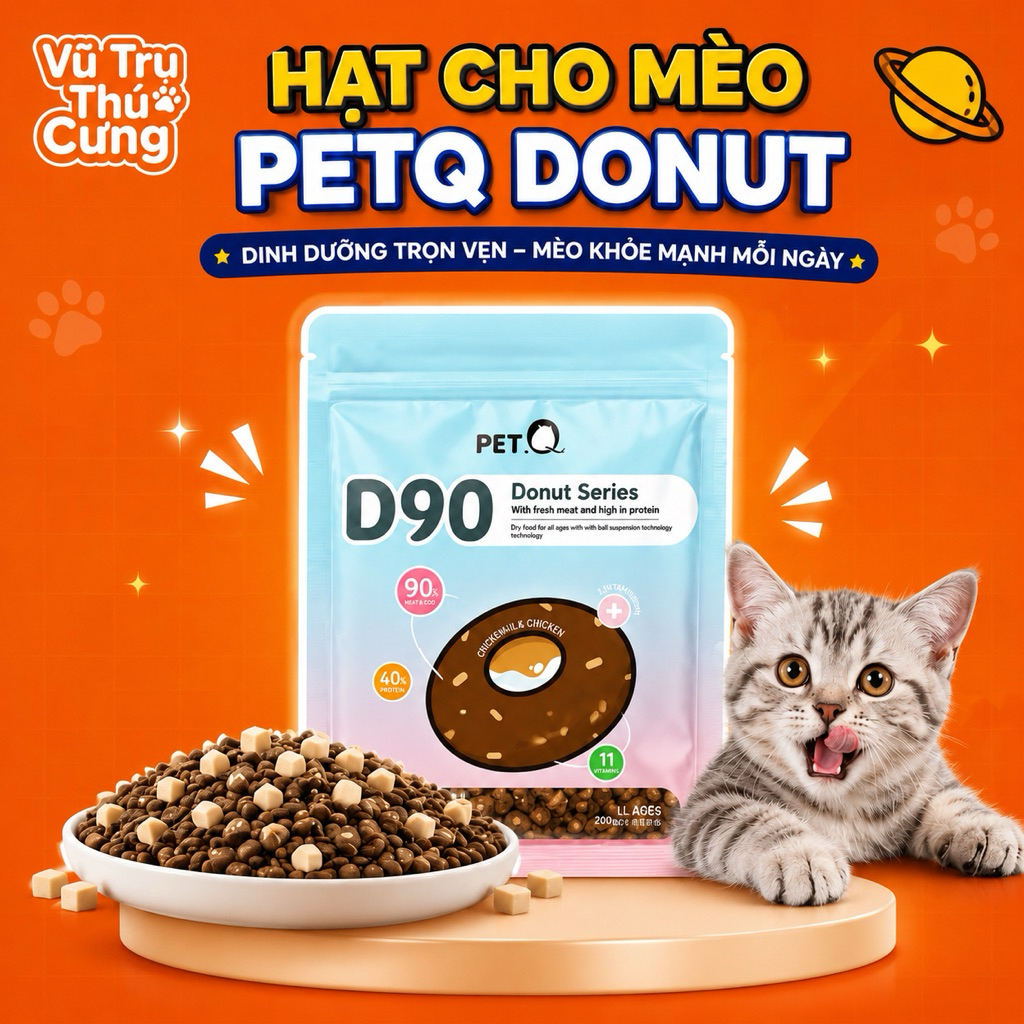 Hạt Cho Mèo PETQ DONUT Từ Sữa Dê & Gà, Đạm Cao Không Độn Ngũ Cốc