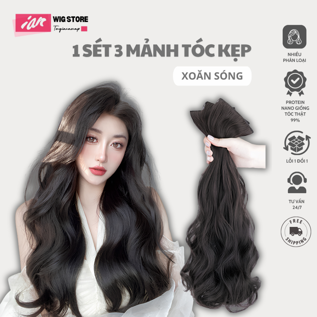 Sét 3 dải tóc giả iAN kẹp xoăn dài cho nữ đẹp cao cấp,làm dày tóc tự nhiên nhẹ mềm đẹp