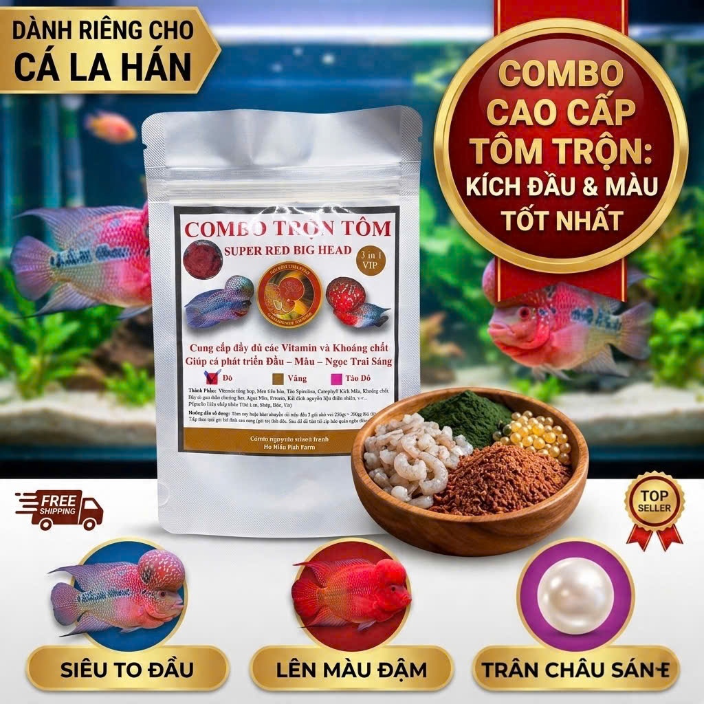COMBO NGUYÊN LIỆU TÔM TRỘN, TIM BÒ TĂNG ĐẦU, TĂNG MÀU, DINH DƯỠNG CHO CÁ LA HÁN, CÁ CẢNH