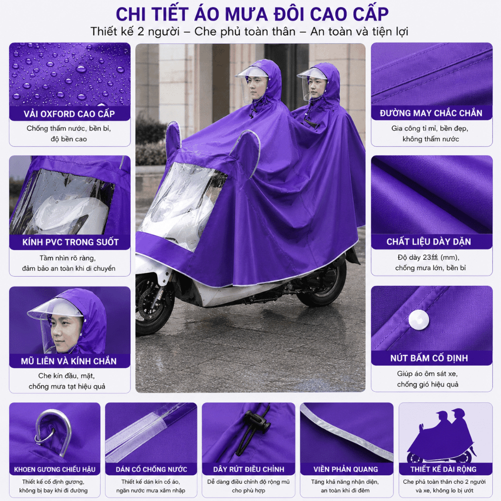 Áo Mưa Xe Máy Xe Điện Cao Cấp|Vải Oxford Dày 23mm|Áo Mưa Liền Thân 1 Người 2 Người|Chống Mưa Lớn Toàn Thân