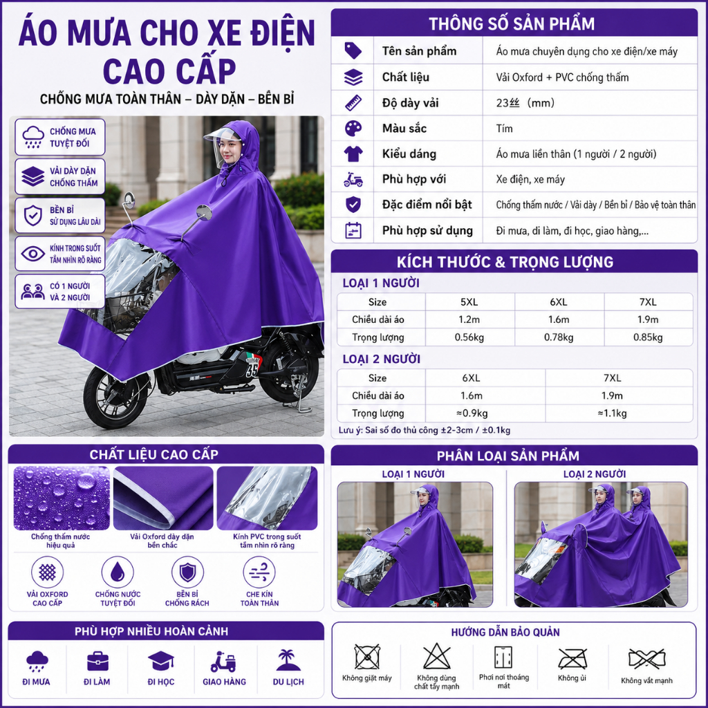 Áo Mưa Xe Máy Xe Điện Cao Cấp|Vải Oxford Dày 23mm|Áo Mưa Liền Thân 1 Người 2 Người|Chống Mưa Lớn Toàn Thân