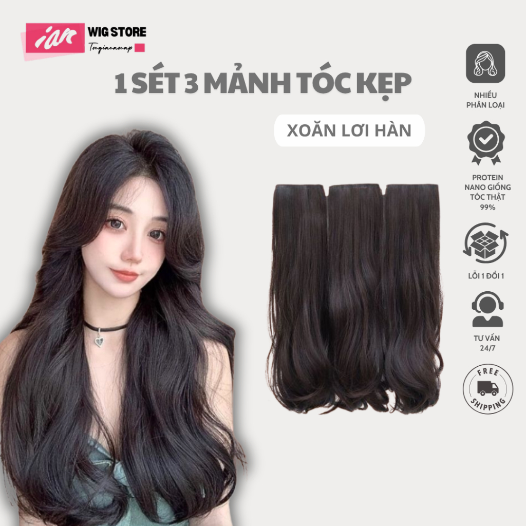 Tóc Giả Kẹp Phím_ Sét 3 Dải Kẹp Xoăn Sóng Lơi iAN Cao Cấp