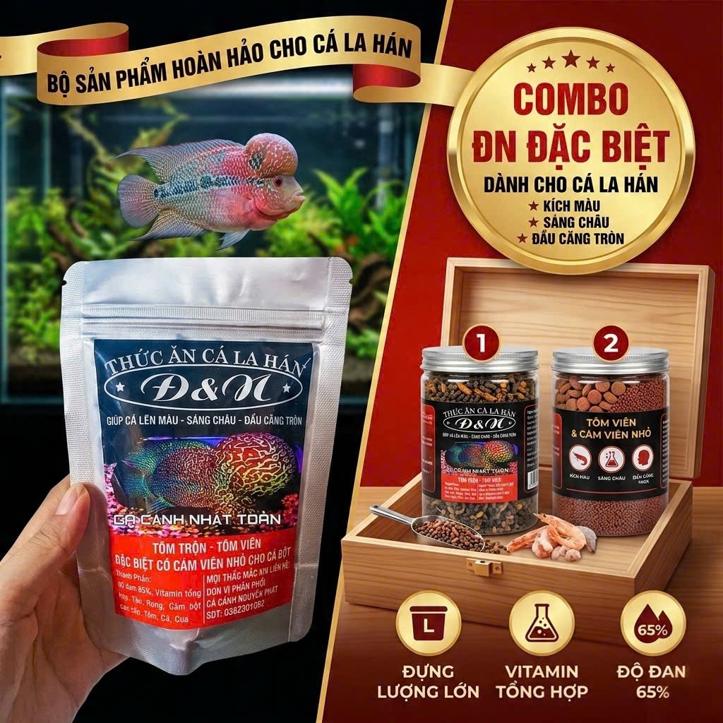 THỨC ĂN VIÊN TÔM TRỘN Đ&N LÊN MÀU, ĐẦU, CHÂU CHO CÁ LA HÁN