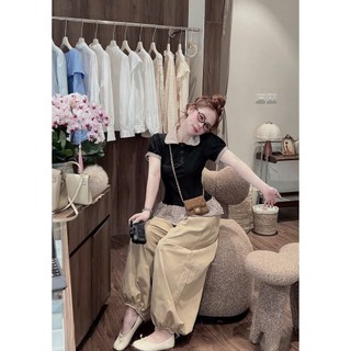 Set Bộ Nữ Tiểu Thư Hàn Quốc Áo Polo Caro Phối Bèo + Quần Bom Ống Rộng Cạp Chun