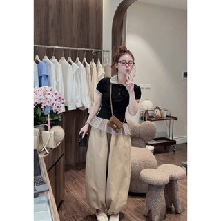 Set Bộ Nữ Tiểu Thư Hàn Quốc Áo Polo Caro Phối Bèo + Quần Bom Ống Rộng Cạp Chun
