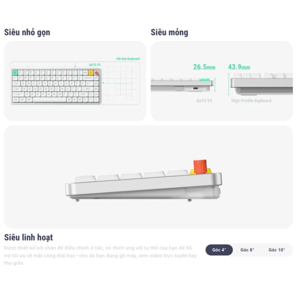 Bàn phím cơ NuPhy Air75 V3 | 84 phím | Nano Switch | Bluetooth / 2.4GHz / USB-C | Pin 4000mAh | RGB