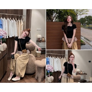 Set Bộ Nữ Tiểu Thư Hàn Quốc Áo Polo Caro Phối Bèo + Quần Bom Ống Rộng Cạp Chun