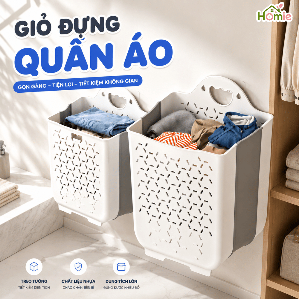 Giỏ Đựng Quần Áo Nhà Tắm Nhựa Dẻo TPR HOMIE, Thiết Kế Tay Cầm Treo Tường Có Thể Gấp Gọn Tiện Lợi
