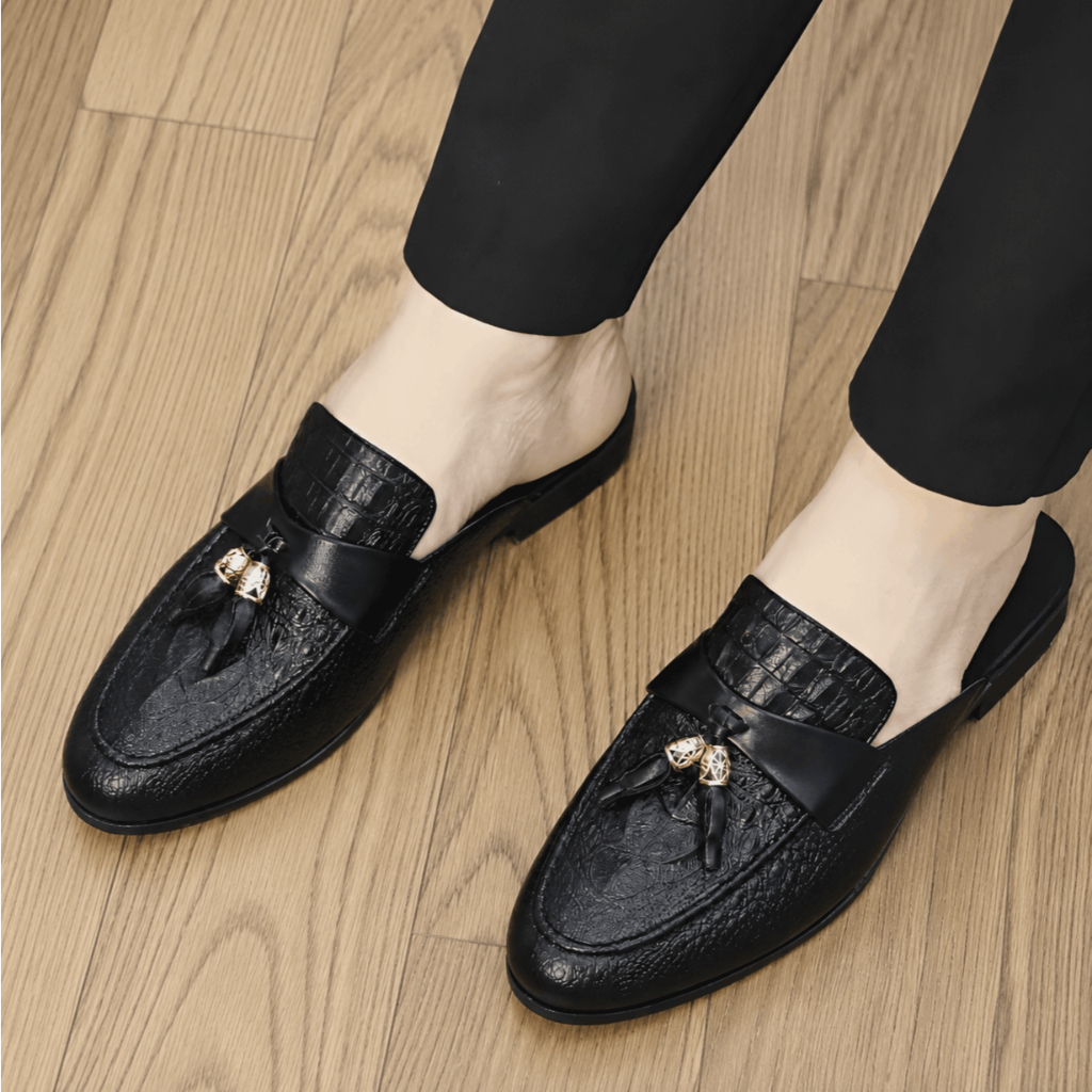 Giày sục nam cao cấp DAVINCIA dễ xỏ chân, giầy lười nam hàng hiệu in cá sấu gắn chuông vàng sang trọng đế cao 3cm G39