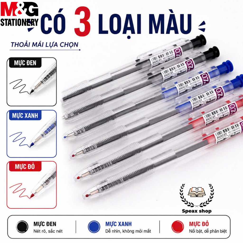 Combo 5 Bút Bi Bấm M&G ABPK4871 0.5mm – Thân Trong Suốt, Mực Đen Xanh Đỏ, Viết Êm Mượt, Không Lem