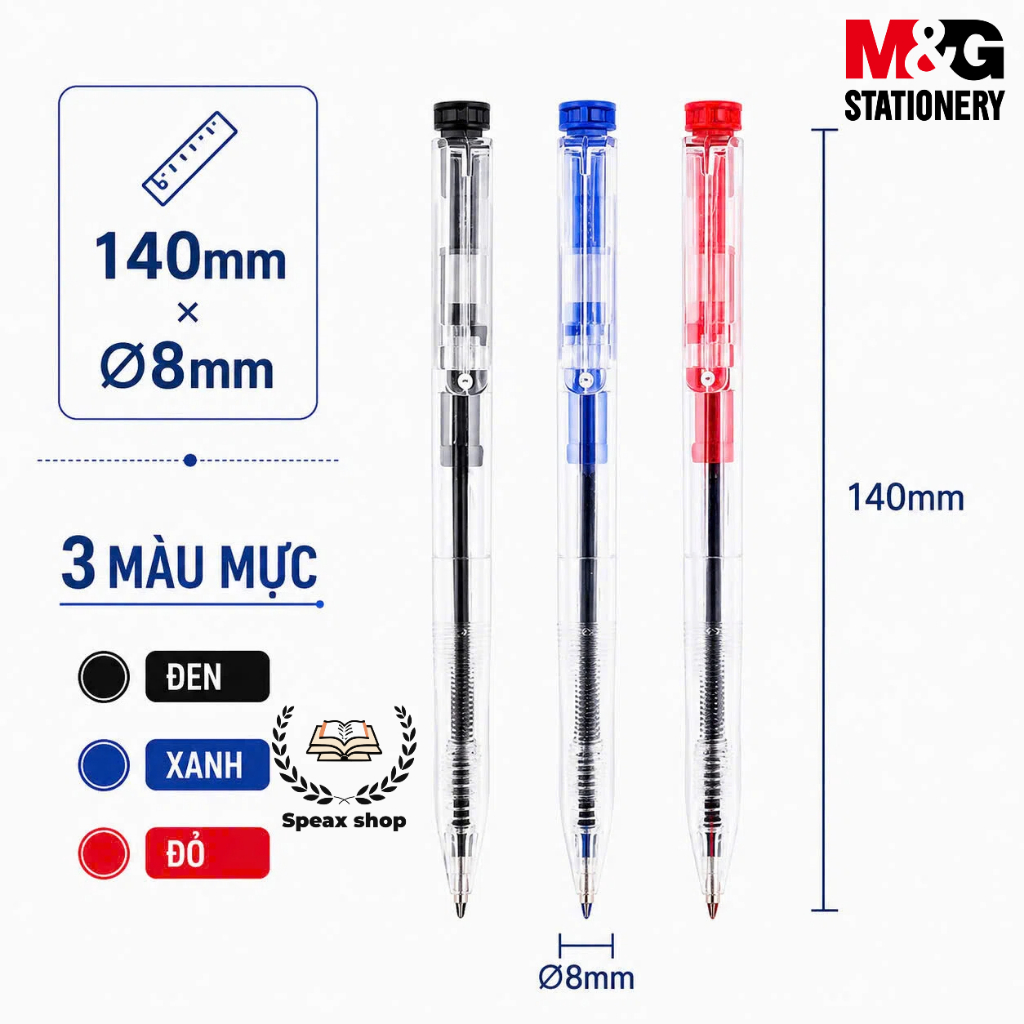 Combo 5 Bút Bi Bấm M&G ABPK4871 0.5mm – Thân Trong Suốt, Mực Đen Xanh Đỏ, Viết Êm Mượt, Không Lem