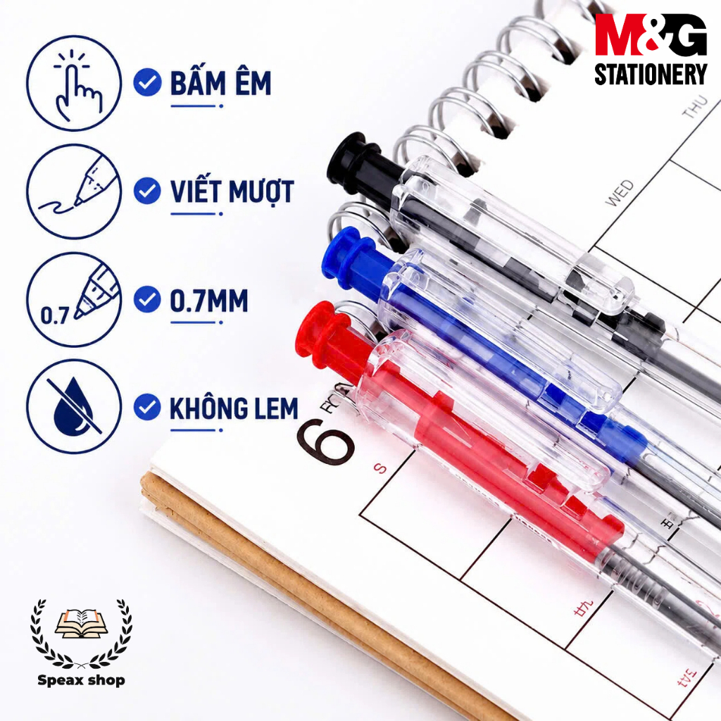 Combo 5 Bút Bi Bấm M&G ABPK4871 0.5mm – Thân Trong Suốt, Mực Đen Xanh Đỏ, Viết Êm Mượt, Không Lem