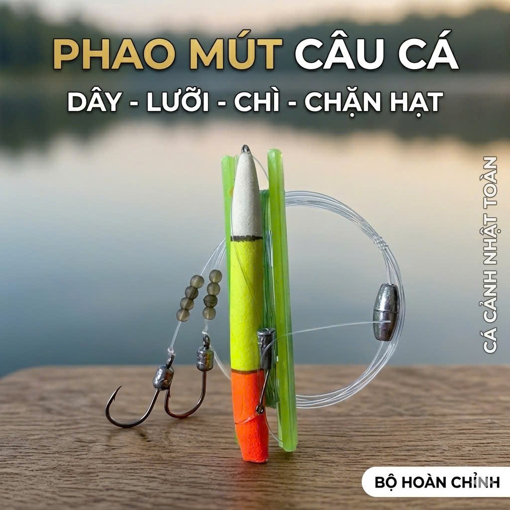 PHAO MÚT CÂU CÁ CÓ DÂY VÀ 2 LƯỠI CÓ CHÌ VÀ CHẶN HẠT