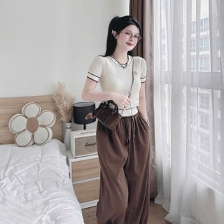 Set Bộ Nữ Vintage Áo Len Dệt Kim Tay Ngắn Phối Quần Baggy Bo Gấu, Set Hàn Quốc Tiểu Thư Hot Trend