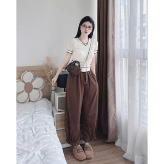 Set Bộ Nữ Vintage Áo Len Dệt Kim Tay Ngắn Phối Quần Baggy Bo Gấu, Set Hàn Quốc Tiểu Thư Hot Trend