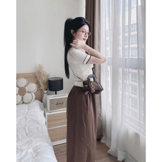 Set Bộ Nữ Vintage Áo Len Dệt Kim Tay Ngắn Phối Quần Baggy Bo Gấu, Set Hàn Quốc Tiểu Thư Hot Trend