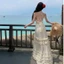 Váy Maxi Đi Biển Dáng Dài Hở Lưng Phối Bèo Tầng Màu Kem