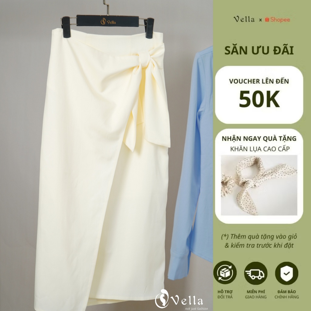 Chân váy bút chì công sở nữ nơ 3D che bụng tôn dáng, phom dài màu đen, kem Vella Fashion VV26016