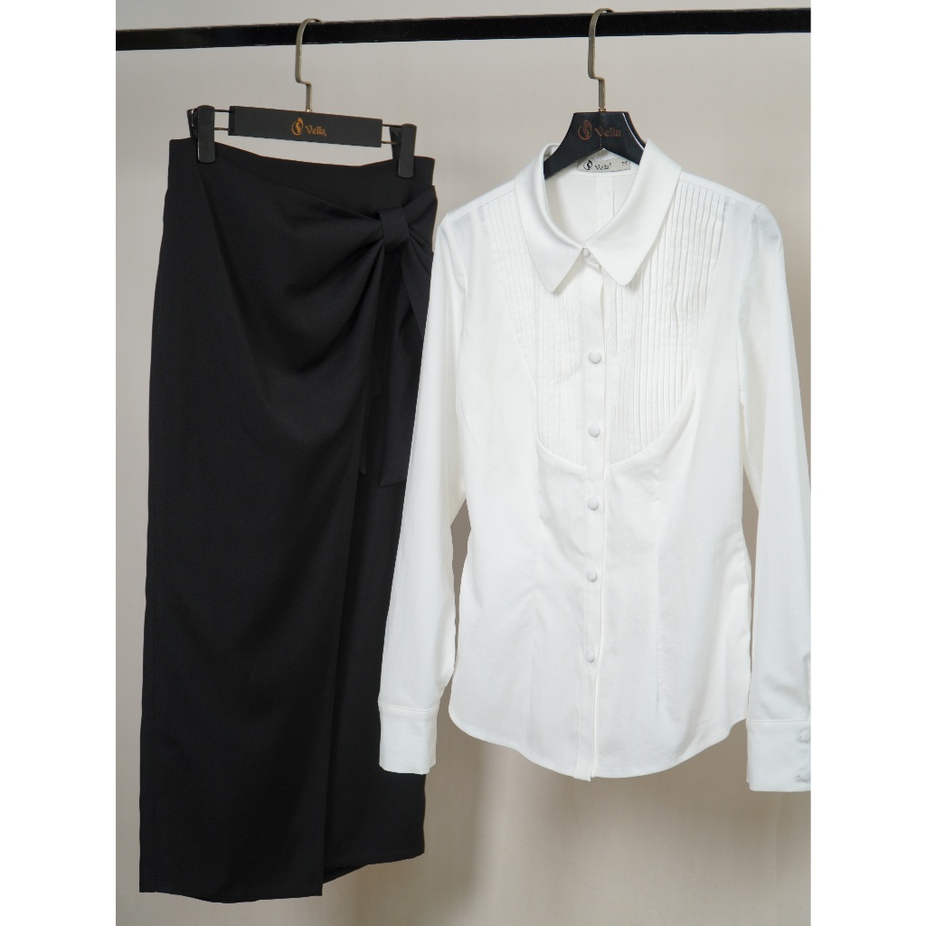 Chân váy bút chì công sở nữ nơ 3D che bụng tôn dáng, phom dài màu đen, kem Vella Fashion VV26016