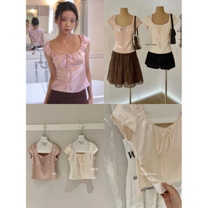 WGWE | Áo kiểu lụa Cổ vuông Dây Rút Tôn Dáng, Croptop Ôm Body Phong Cách Hàn Quốc – W10064#