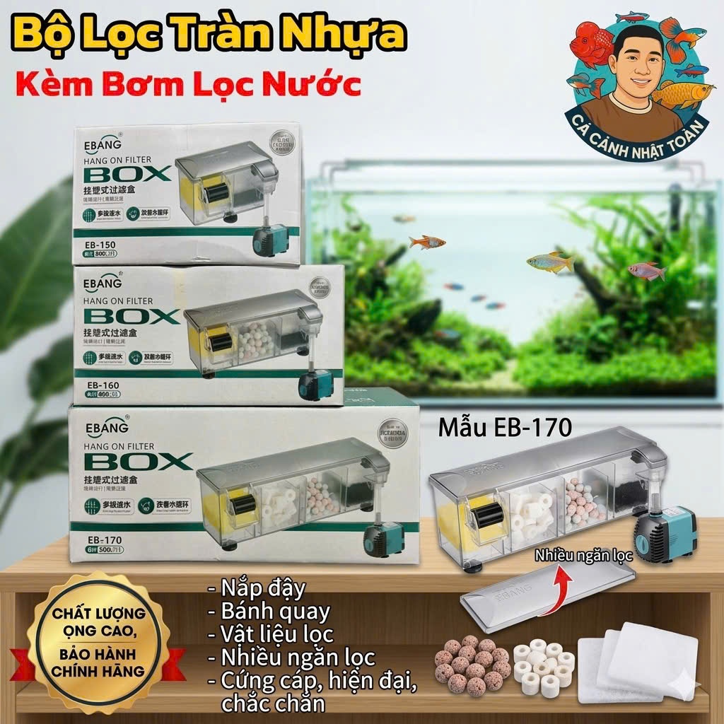 Bộ Lọc Tràn Kèm Bơm, Vật Liệu Lọc Cho Bể Cá Cảnh, Bể Thủy Sinh EBANG (kèm nắp đậy, bánh quay)