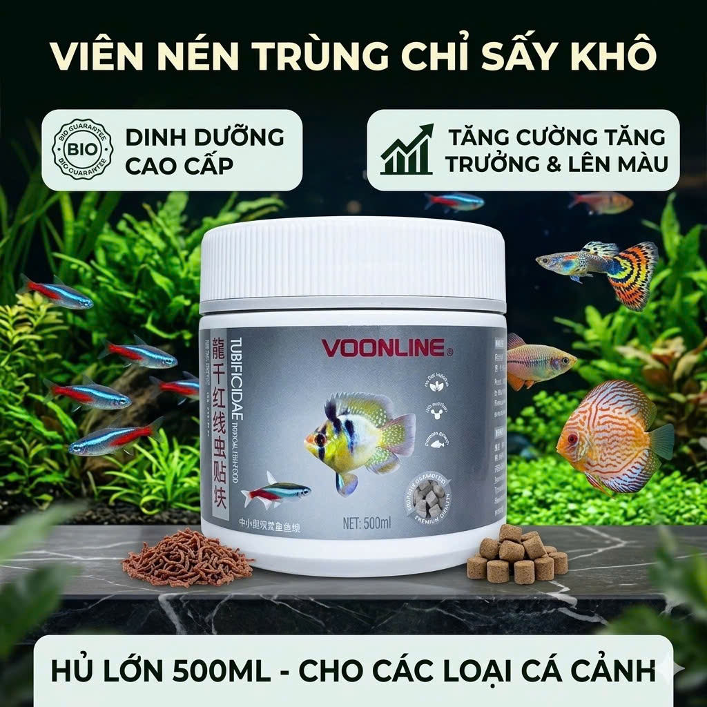 Hủ 500ml Dạng VIên Nén Trùng Chỉ Sấy Khô Vooline Thức Ăn Dinh Dưỡng Cao Cấp Cho Các Loại Cá Cảnh
