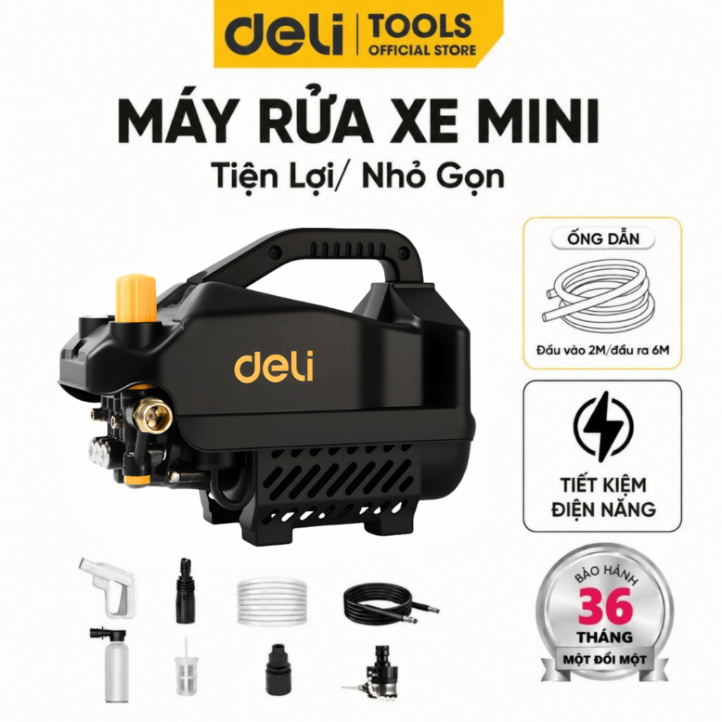 [HỎA TỐC] Máy Rửa Xe Mini Động Cơ Lõi Đồng Deli Cao Áp Chính Hãng 1 Đổi 1 Bảo Hành 36 Tháng Xịt Rửa Áp Lực Cao