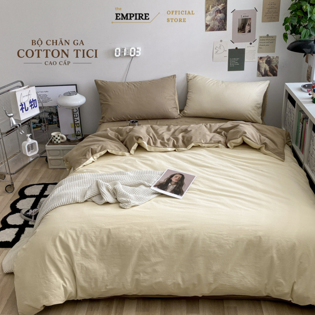 Bộ chăn ga gối nệm hàn quốc 5 món cotton tici EMPIRE cao cấp ga giường thoáng mát thấm hút mồ hôi