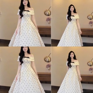 Đầm nữ dáng dài trễ vai họa tiết chấm bi phối nơ đen phong cách vintage