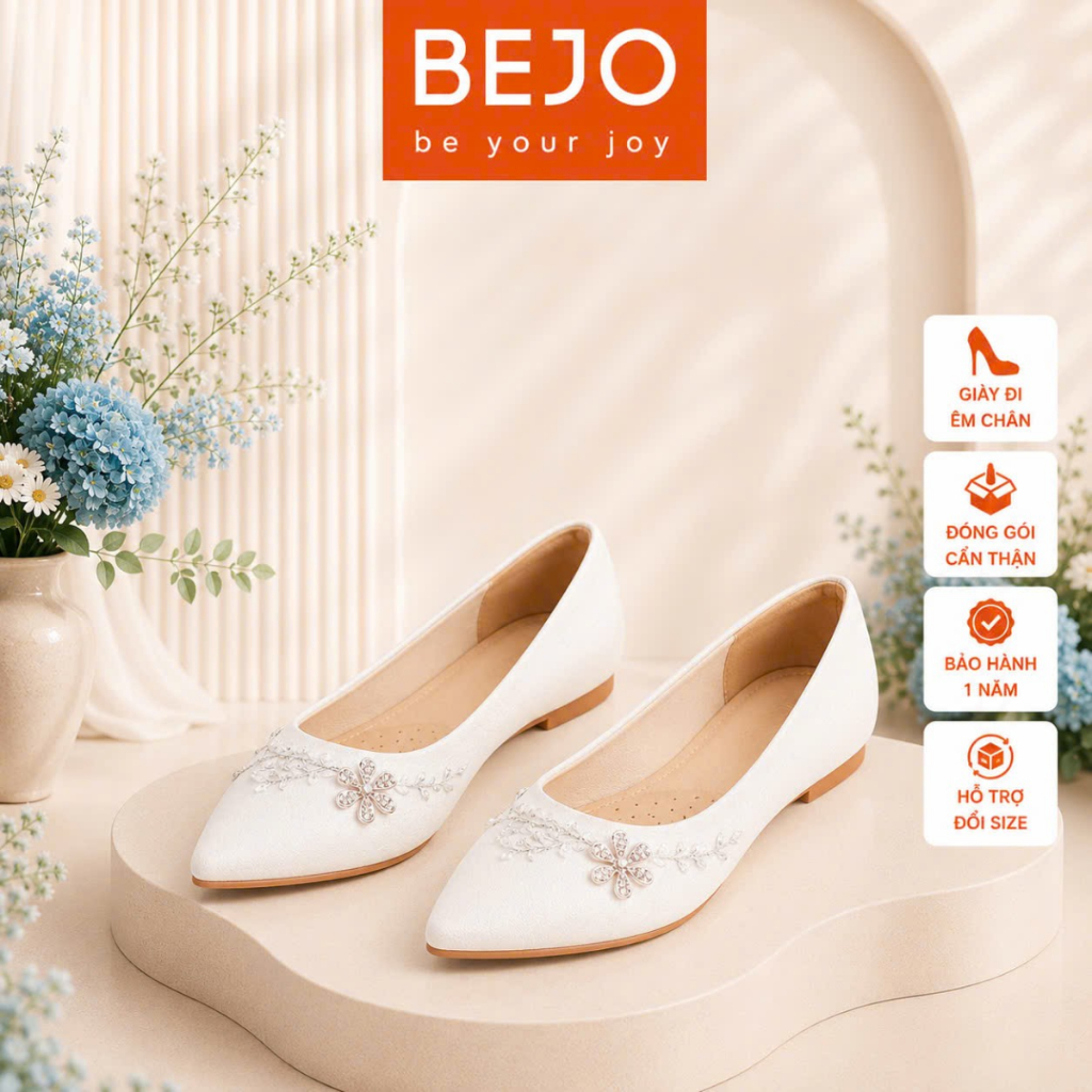 Giày Cao Gót Nữ Cao Cấp BEJO B44.05 Đính Hoa Lụa Nhánh Pha Lê Cao Cấp - Giày Cưới Cô Dâu Đi Êm Chân