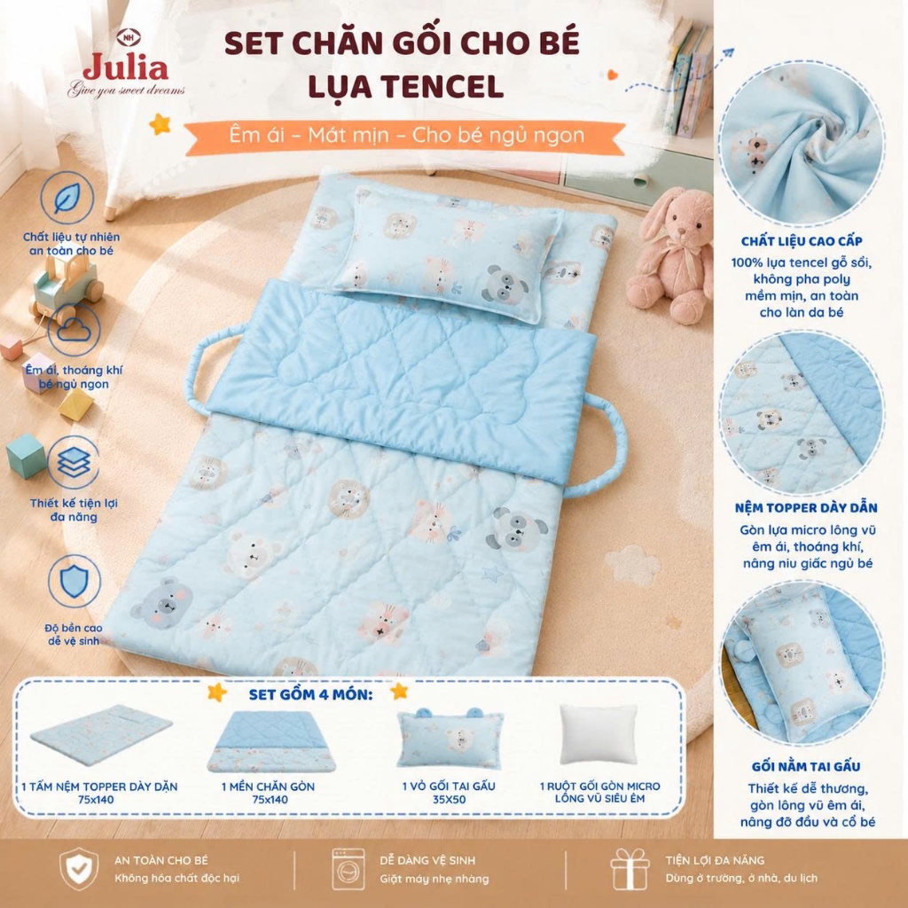 SET CHĂN GỐI ĐI HỌC CHO BÉ – 100% TỪ LỤA TENCEL GỖ SỒI - SET LỤA TENCEL CHĂN GỐI EM BÉ