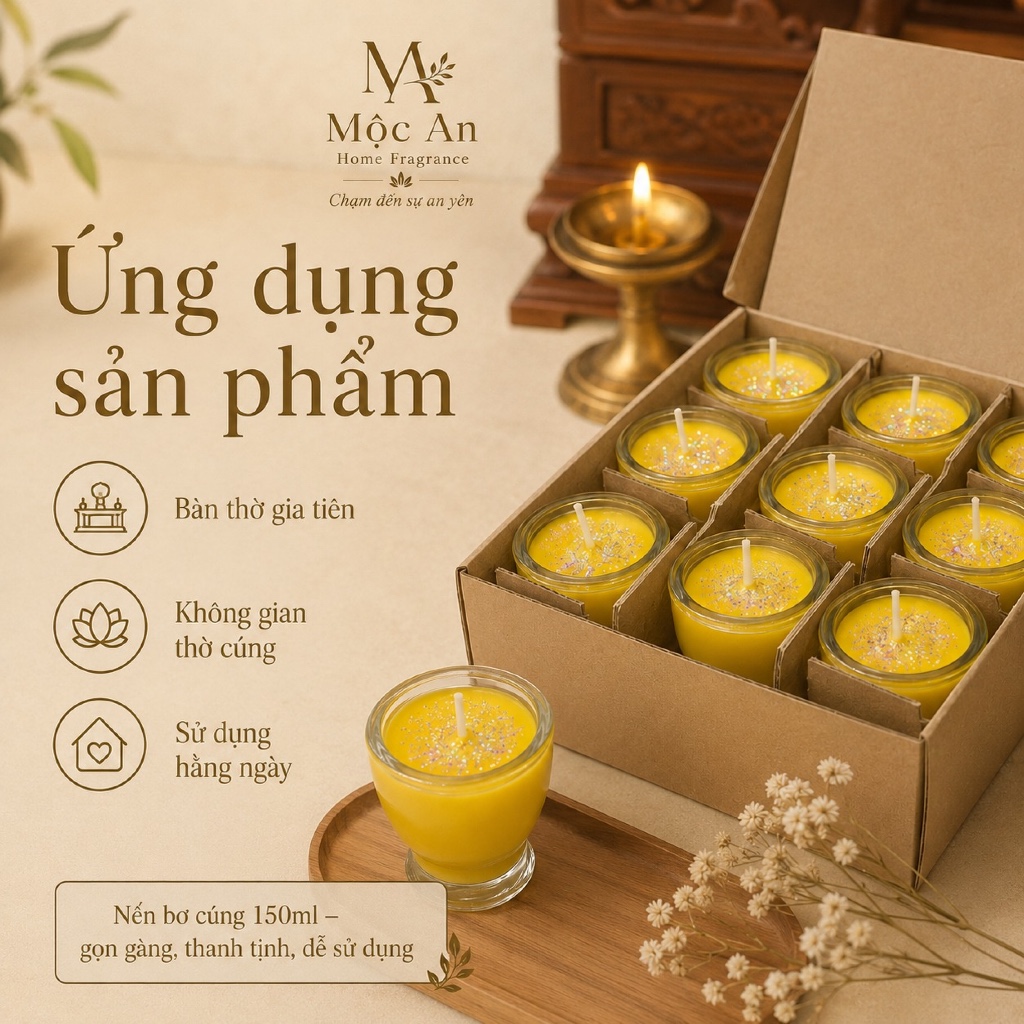Nến bơ cúng Mộc An 250ml | Nến cúng ít khói, ly thủy tinh màu vàng, nguyên liệu thiên nhiên