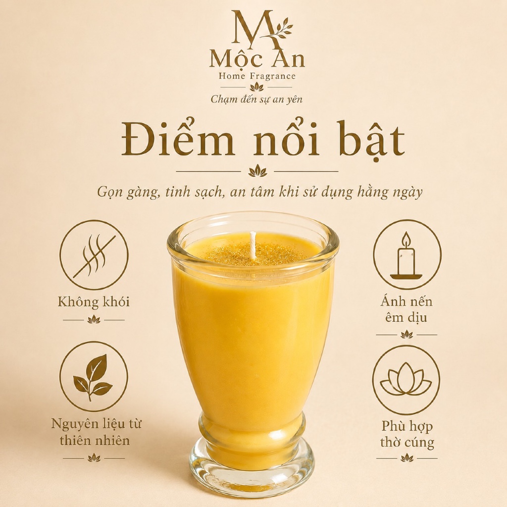 Nến bơ cúng Mộc An 250ml | Nến cúng ít khói, ly thủy tinh màu vàng, nguyên liệu thiên nhiên
