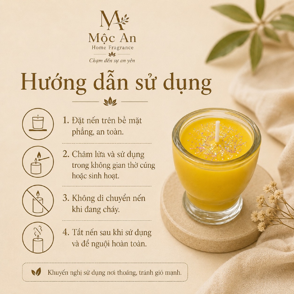 Nến bơ cúng Mộc An 250ml | Nến cúng ít khói, ly thủy tinh màu vàng, nguyên liệu thiên nhiên