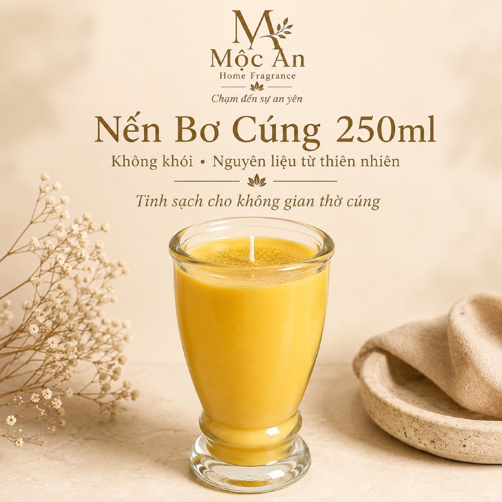 Nến bơ cúng Mộc An 250ml | Nến cúng ít khói, ly thủy tinh màu vàng, nguyên liệu thiên nhiên