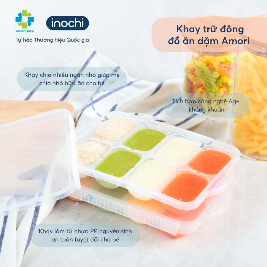 Khay trữ Đông đồ ăn dặm cho bé Amori bảo quản thực phẩm trong tủ lạnh trữ thức ăn cho bé Inochi