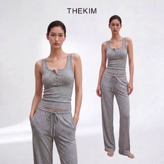 THEKIM Set Élan Áo ba lỗ nẹp cúc, nhún eo và quần dài dáng suông có túi chéo , Set đồ bộ hai dây mặc hàng ngày CS403