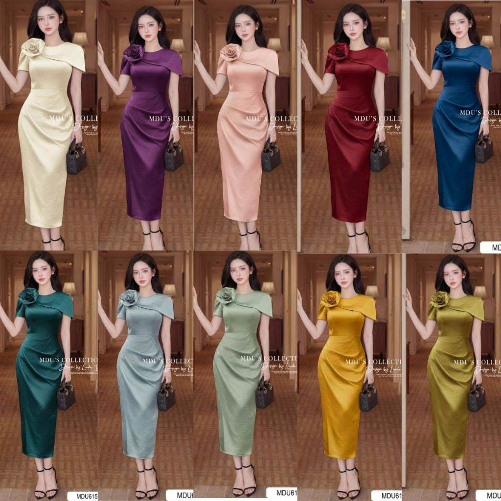 Váy Thiết Kế ADELA DESIGN Lụa Twist Satin Dáng Ôm Xẻ Tà Đính Hoa Thủ Công Thanh Lịch BST MDU6155