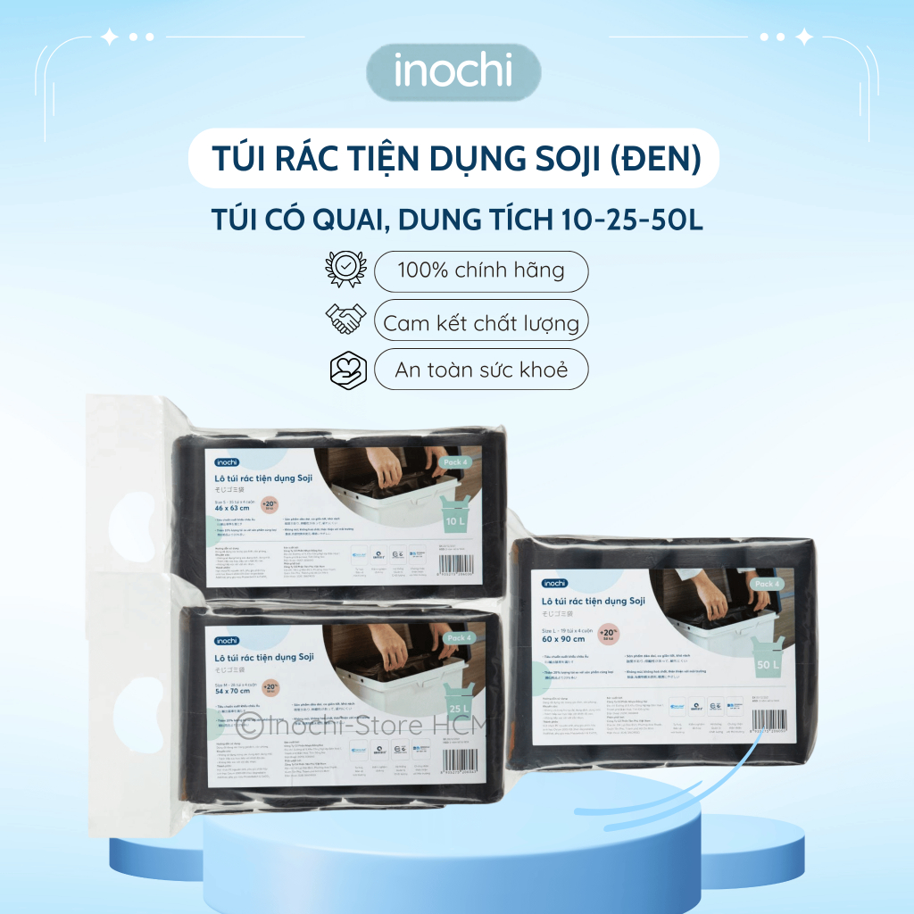 Túi đựng rác tự phân hủy sinh học Inochi Có Quai Đen Dài Hơn 20% 10L 25L 50L cho thùng rác