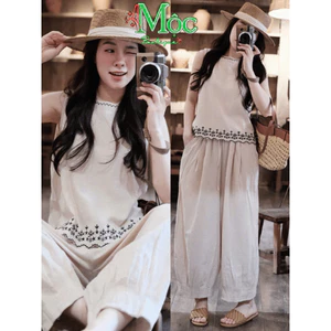 Set công sở, Set thiết kế chất Đũi Linen áo thêu thổ cẩm phối quần suông dáng dài xinh xắn cho nàng